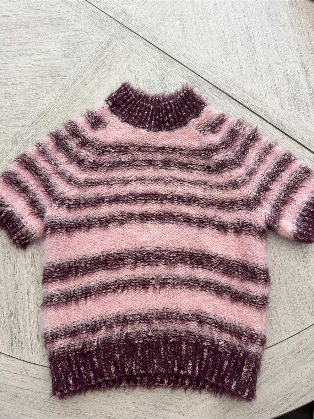 Pilcro Pink and Plum Striped Short-Sleeve Turtleneck Sweater